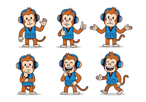 A character sheet of a cool cartoon monkey mascot wearing headphones and a blue vest, shown in various friendly and confident poses.