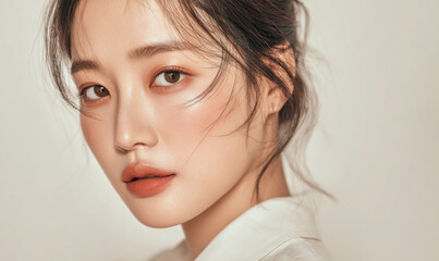 Naklejka premium Elegant portrait of a woman with warm-toned makeup and a soft expression.