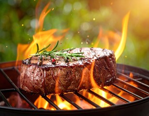 Grilled Steak with Rosemary on a Fiery Grill - A Culinary Delight.