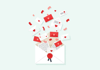 Love letters and hearts flying out of an open envelope for romance.