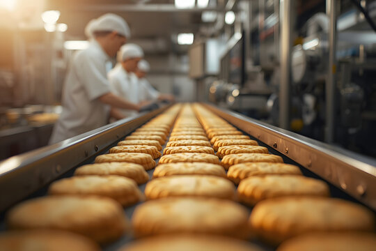Food industry - biscuit production in a factory on a conveyor belt