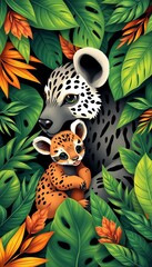 Adorable jungle pattern with mother and cub, framed by tropical leaves, perfect for new arrival greetings,  nursery,  pattern