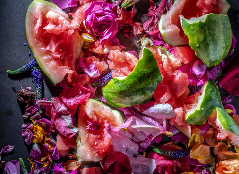 Pieces of flowers and melon. It looks like waste.
