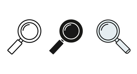 Three magnifying glasses in different styles and color variations shown