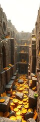 Ancient stone maze filled with sparkling gold coins and jewels,  wealth,  coins