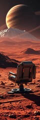 Astronaut's chair on Mars, snow peaks and distant Saturn-like world,  discovery,  adventure