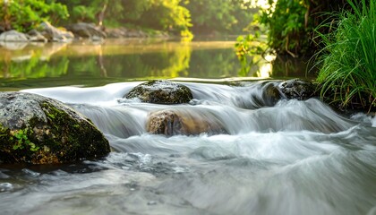 Serene stream flows smoothly over mossy rocks