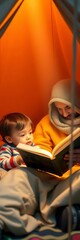 Adorable child and paternal figure sharing a story in a tent with a beam of light,  blanket,  fatherhood