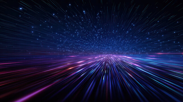 Abstract neon light trails streaking through a starry night sky