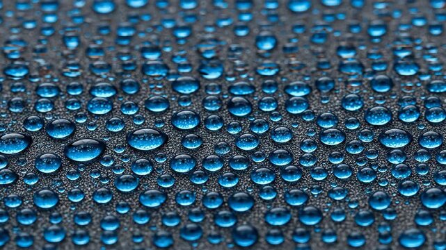 Macro shot of many glistening blue water droplets on a dark textured surface