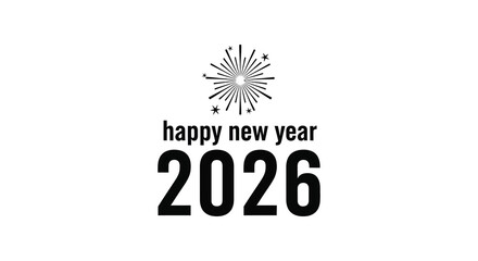 Happy new year 2026 with a stylized snowflake or starburst graphic on a white background