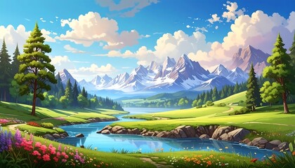 Serene valley landscape with winding river, lush meadows, and majestic snow-capped mountains under sunny sky