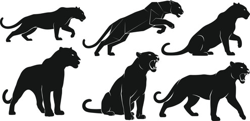 Black panther silhouette vector illustration set showing wild animal poses, walking, sitting, roaring, leaping, hunting, and standing design elements