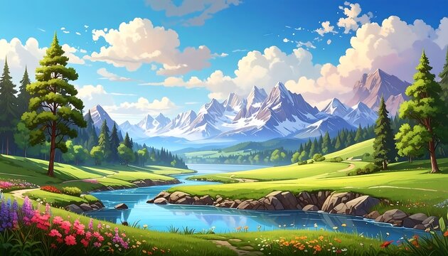 Serene valley landscape with winding river, lush meadows, and majestic snow-capped mountains under sunny sky