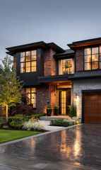 Fototapeta premium Facade of luxury home with large windows and beautiful landscaping at dusk.