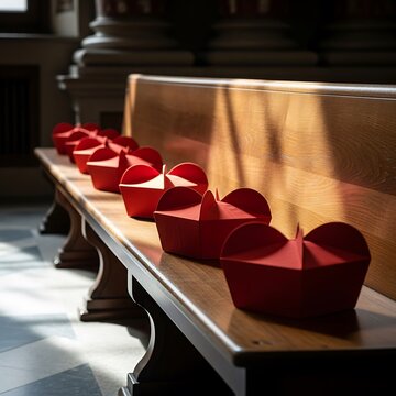 Scarlet Birettas on a Church Pew - A Symbol of Catholic Clergy.