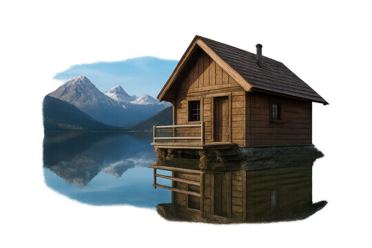 Log cabin on a tranquil lake with reflection of snowy mountains, expressing solitude and escape, transparent background