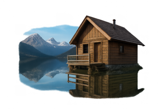 Log cabin on a tranquil lake with reflection of snowy mountains, expressing solitude and escape, transparent background