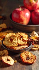 Dried Apple Slices and Fresh Apples on Wooden Table.