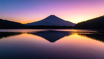 Pixelated Mountain Silhouette reflected in calm lake at vibrant purple and orange sunset with distant hills and clear sky