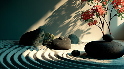 Zen Garden with Black Stones and Red Maple Tree in Soft Light