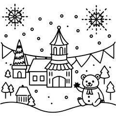 Fototapeta premium Festive winter scene with bear and decorated buildings