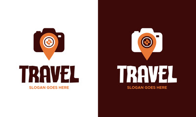 Modern travel logo design with camera and location pin icon, perfect for travel agencies and photography brand.