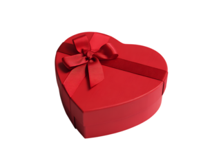 A vibrant red heart shaped gift box with a satin ribbon bow isolated on transparent background
