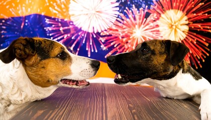 Two dogs face each other before firework backdrop