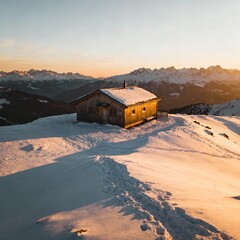 A secluded wooden cabin in the middle of a snowy winter forest. A cozy and peaceful remote getaway scene.