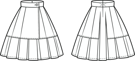 Cad drawing flat vector illustration, pleated skirt sewing pattern, fashion CAD sketch, garment design layout, technical clothing template
