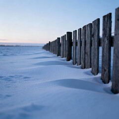 A wooden fence partially buried in snow on a cold winter day. A quiet, solitary landscape conveying a sense of cold.