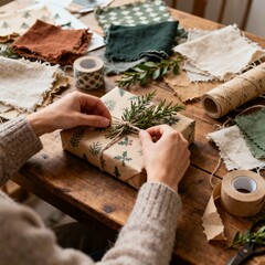 Close-up of hands crafting a beautiful handmade gift on a wooden table, surrounded by fabric, paper, and ribbon.