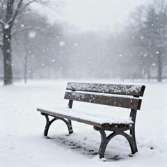 Wooden park bench covered in a thick blanket of snow during a snowfall, with snowy pine trees. A quiet winter scene.