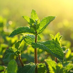 Fresh Mint Plant in Sunlight - Aromatic Herb in Natural Setting.