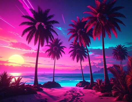 Vibrant sunset beach scene with palm trees