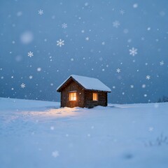 A wooden house illuminated from within on a cold, snowy winter night. A cozy and inviting peaceful scene.