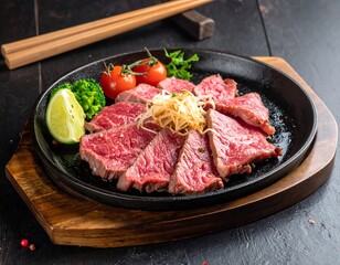 Sliced beef steak on a dark plate, with garnish