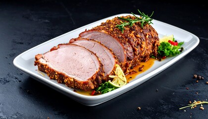 Sliced roasted pork loin, herb-crusted, served on a platter with citrus