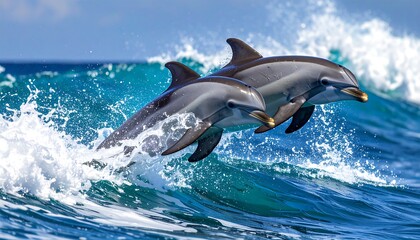 Two dolphins leap over a turquoise ocean wave