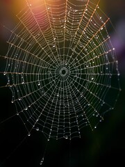 Fototapeta premium Close-up of intricate spiderweb glistening with morning dew, highlighting delicate natural engineering, engineering, intricate