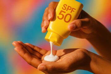 Sunscreen Ritual: A hand, meticulously applies SPF 50 sunscreen. Ensuring protection and care with every drop, revealing a testament to skincare and health.
