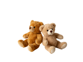 Two adorable fluffy teddy bear stuffed toys sitting together isolated on transparent background