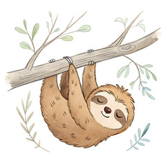 Naklejka premium Charming Sloth Hanging from Tree Branch, Cute Animal Illustration, Peaceful Nature Scene, Watercolor Style