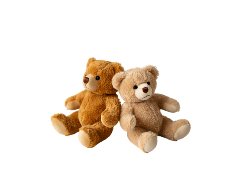 Two adorable fluffy teddy bear stuffed toys sitting together isolated on transparent background
