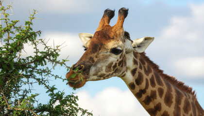 Fototapeta premium A close-up of a giraffe's head and neck as it feeds on thorny acacia leaves against a bright blue sky with scattered white clouds in the savanna.