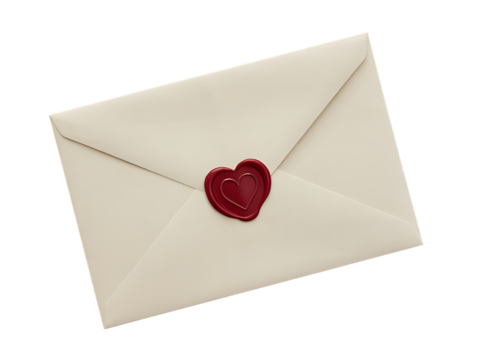 A cream colored envelope sealed with a red heart shaped wax seal isolated on transparent background
