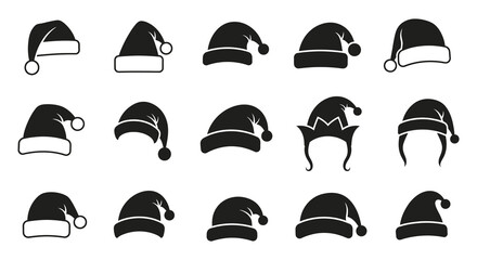Collection of diverse black and white christmas santa hats and elf hats in a simple line art style