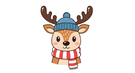 Illustration of a cute cartoon reindeer wearing a blue hat and a red and white scarf.