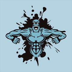 Vector illustration of a powerful muscular superhero figure emerging from a dark ink splatter with arms outstretched and a fierce expression against a light blue background design